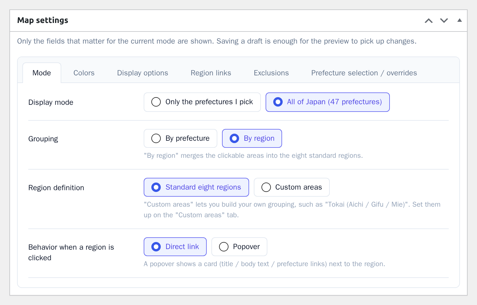 The Mode tab: display mode and grouping
