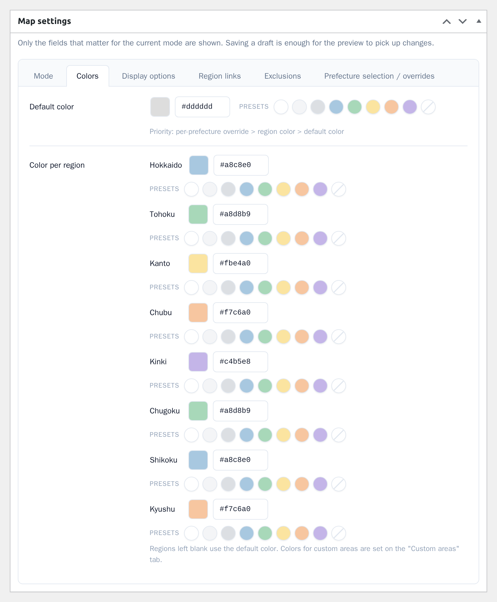 The Colors tab: default fill and a color per region