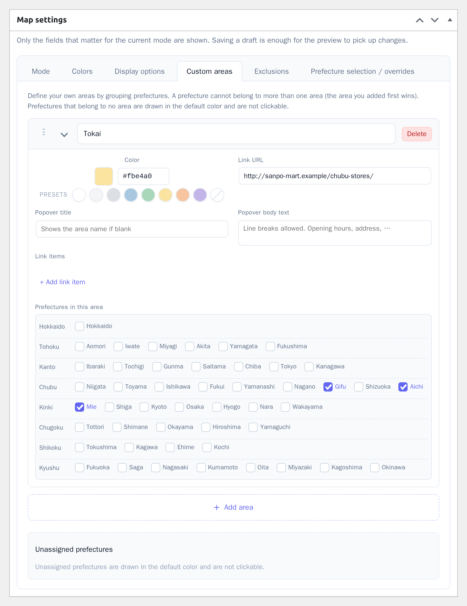 The Custom areas tab
