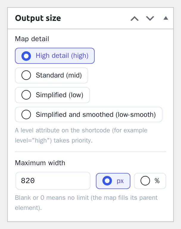The Output size box: four detail levels and a maximum width
