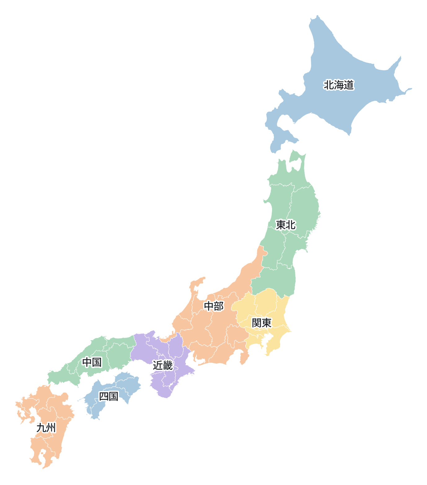 標準8地方でまとめ、地方ごとに色を変えた地図（フロント表示）
