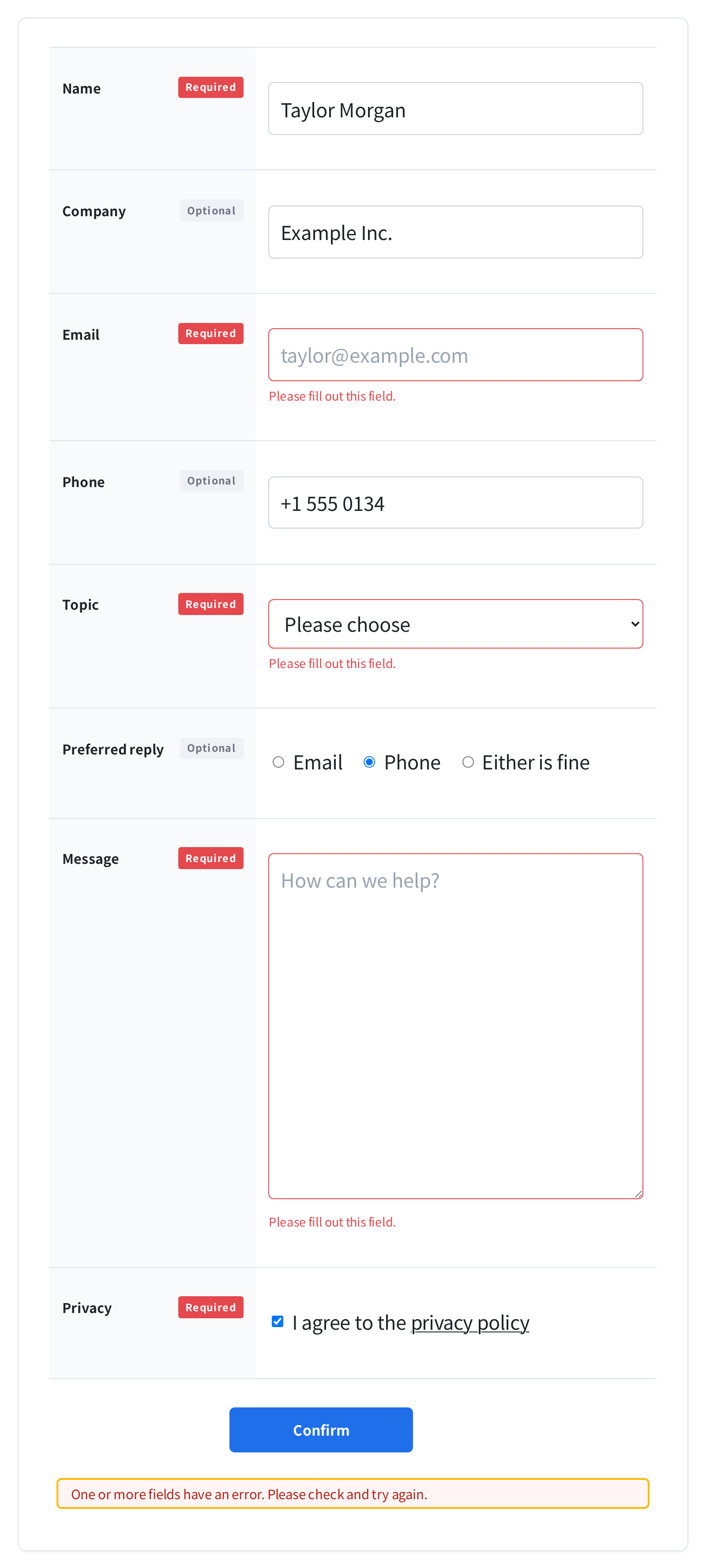 A validation error raised at the confirmation step