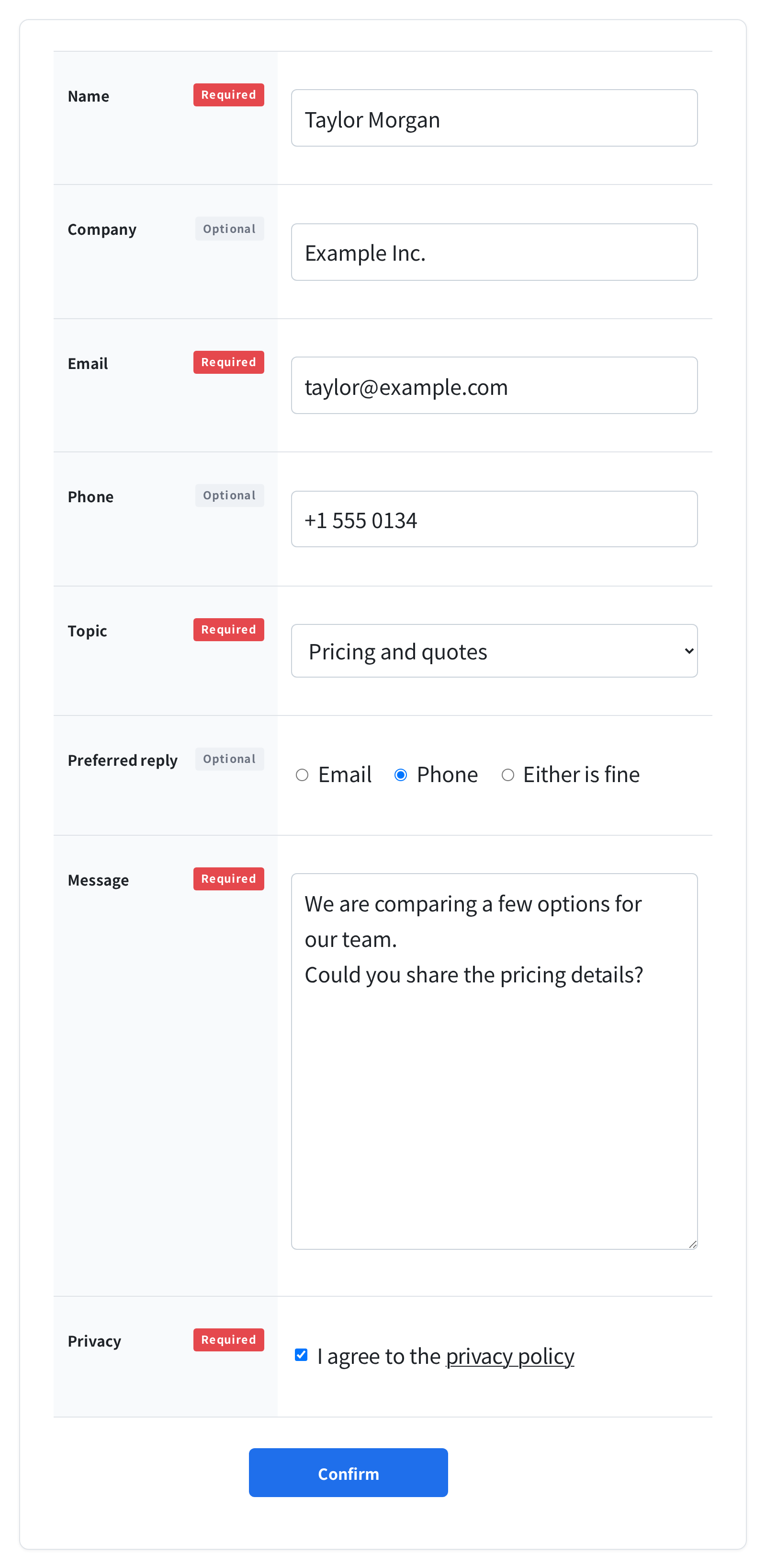 The form as the visitor fills it in — the plugin does not change your markup