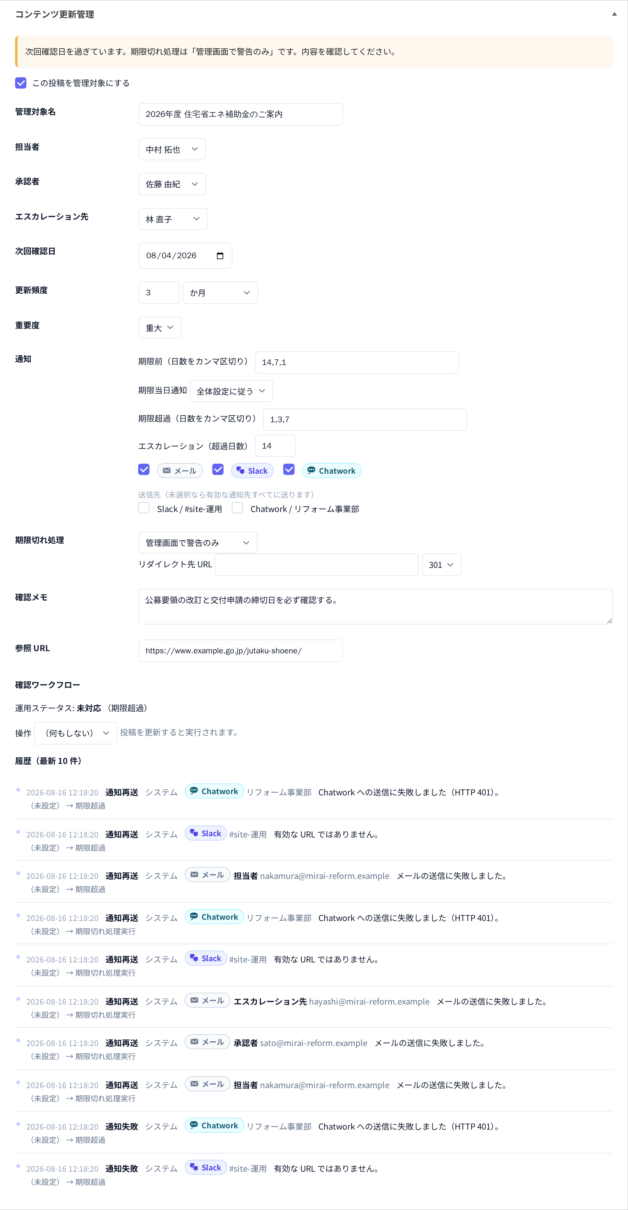 投稿編集画面 — 担当者・次回確認日・更新頻度・期限が来たときの扱いを1か所で