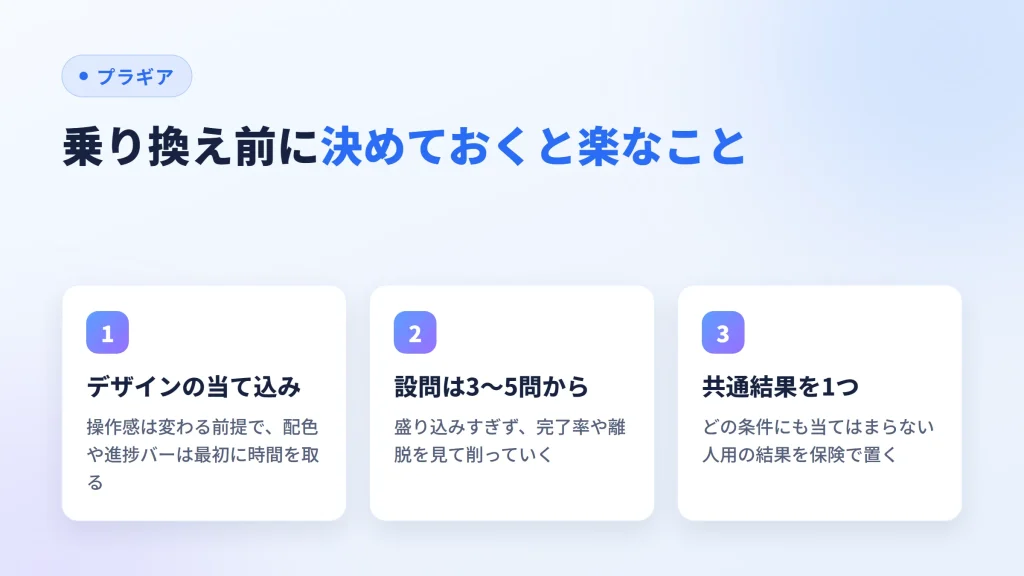 乗り換え前に決めておくと楽な3点(デザインの当て込み・設問は3〜5問から・共通結果を1つ)を示した図