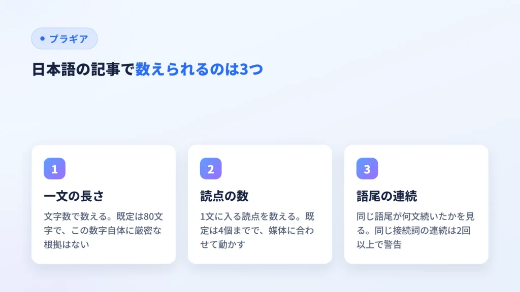 日本語の記事で機械が数えられる一文の長さ・読点の数・語尾の連続を示した図