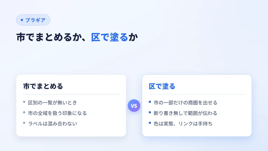 政令市を市でまとめる場合と区で塗る場合の、範囲の伝わり方を比べた図