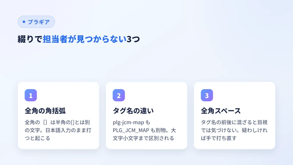 全角の角括弧・タグ名の違い・全角スペースという綴りの落とし穴3つの図