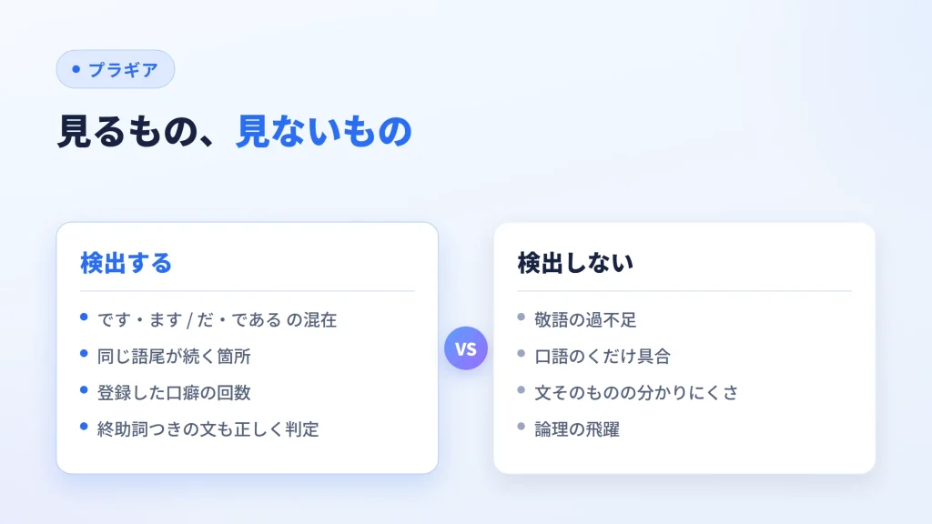 文体チェックが検出するものと検出しないものを対比した図
