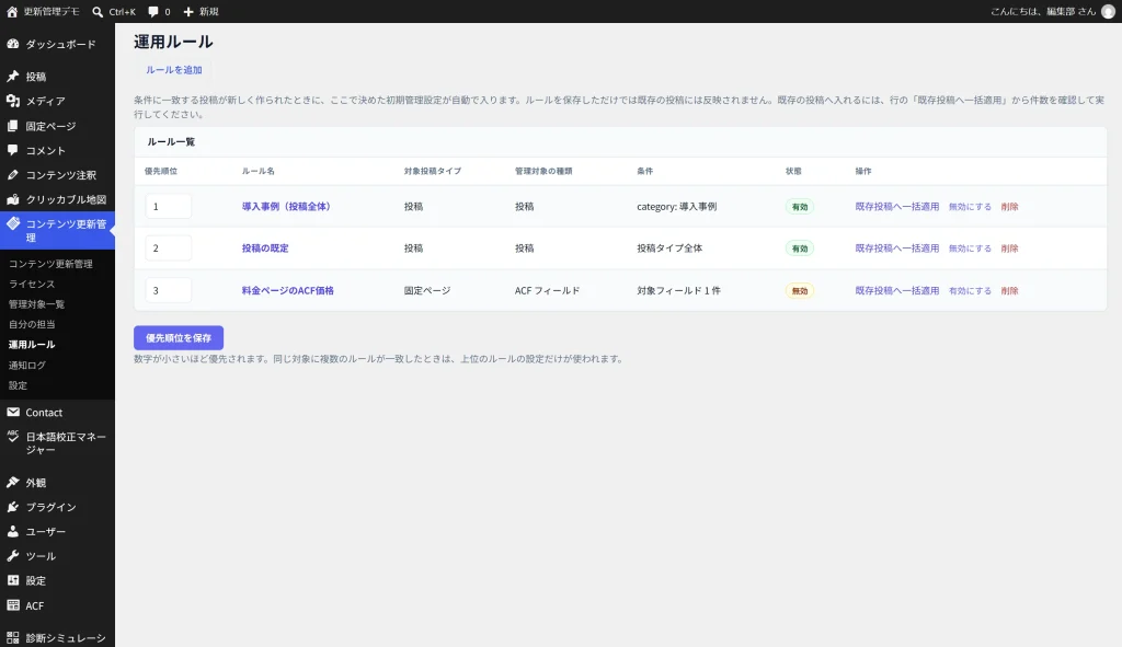 運用ルールの一覧画面。優先順位の数字とルール名、条件、状態が並び、行ごとに既存投稿へ一括適用が出る。