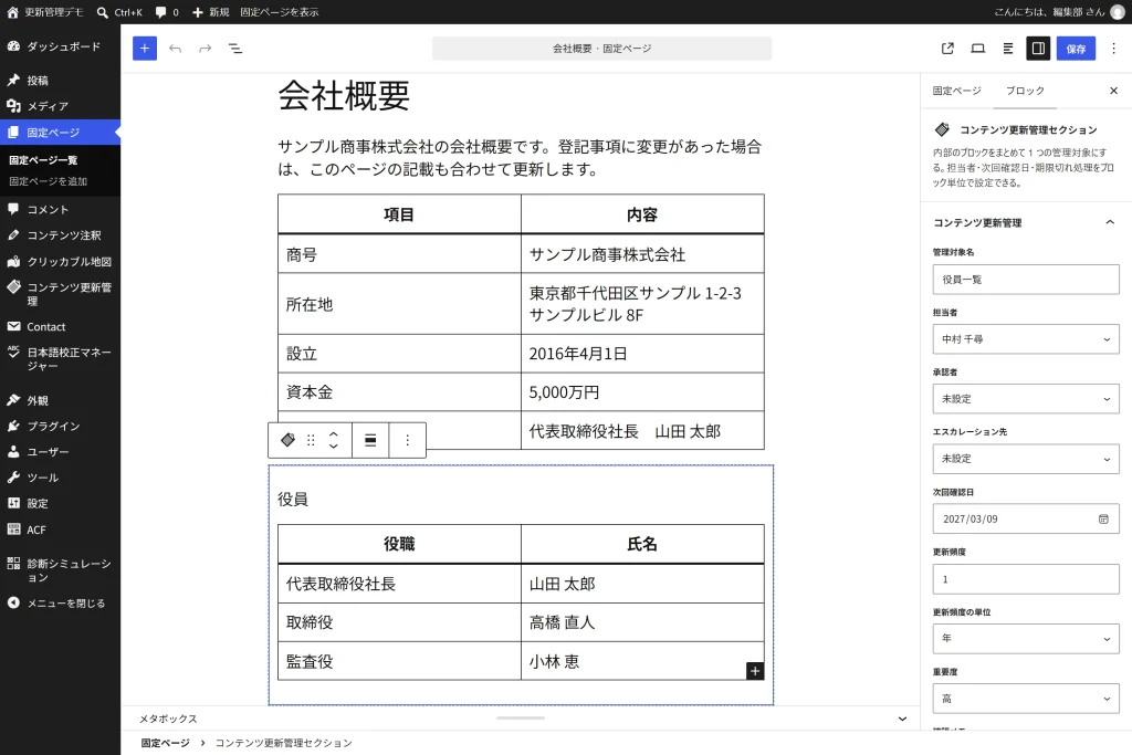 会社概要ページのブロックエディタ。役員欄を囲んだブロックの設定に担当者と次回確認日が並んでいる。